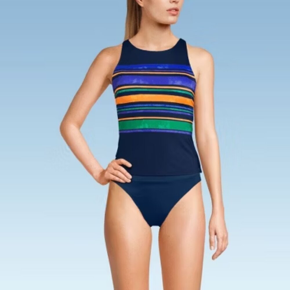 Lands' End Tugless High Neck Strappy Back Deep Sea Stripes Tankini Top Size 12